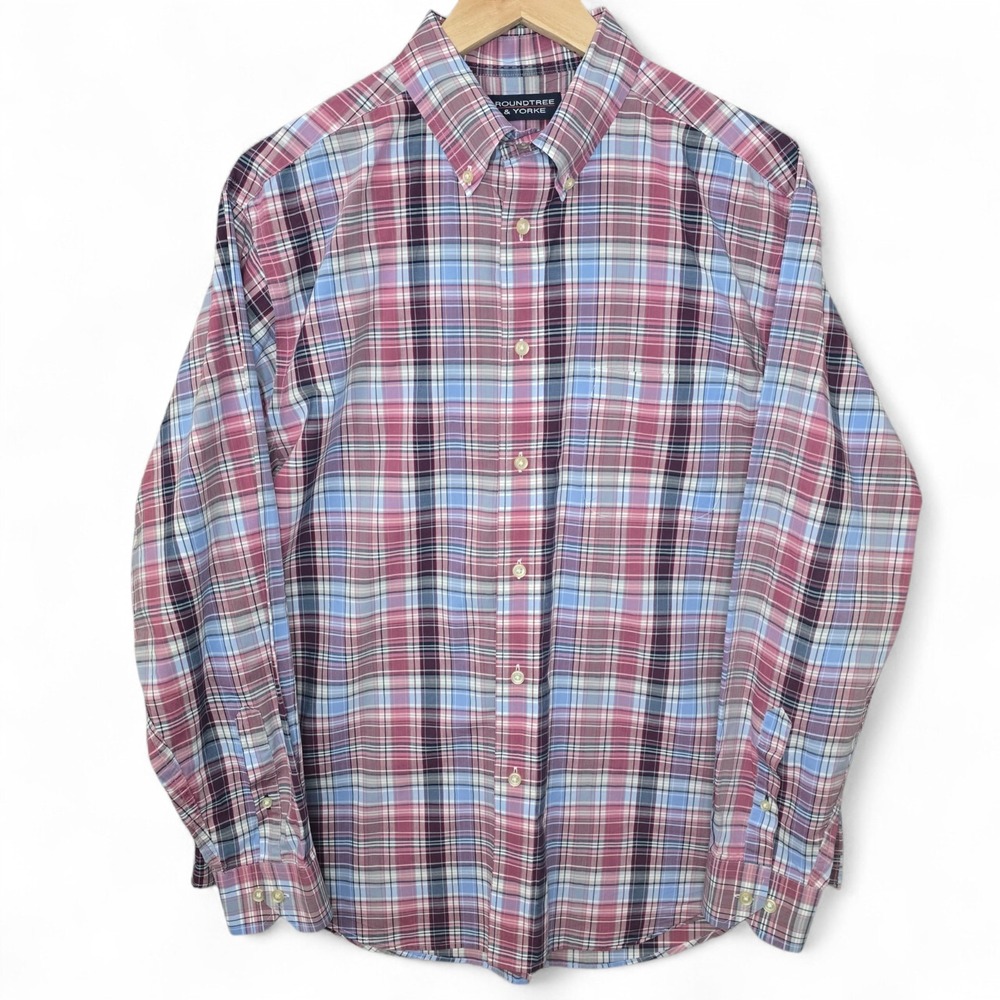 Roundtree & Yorke Shirt Mens Large Pink Button Down Plaid Long Sleeve Cotton